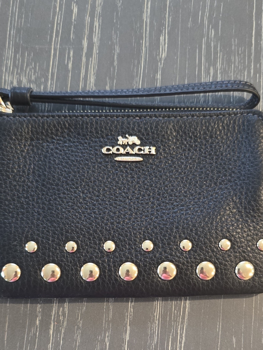 Coach Black Leather Studded Wristlet with Gold Hardware